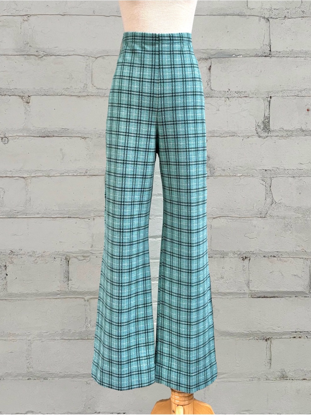 Vintage 1970s Green Plaid High-Waist Wide-Leg Pants - Picture 1 of 12